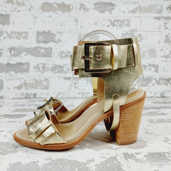 Rachel Zoe Gold Big Buckle Details Ankle Strap Heeled Sandals M135 - Picture 1 of 13